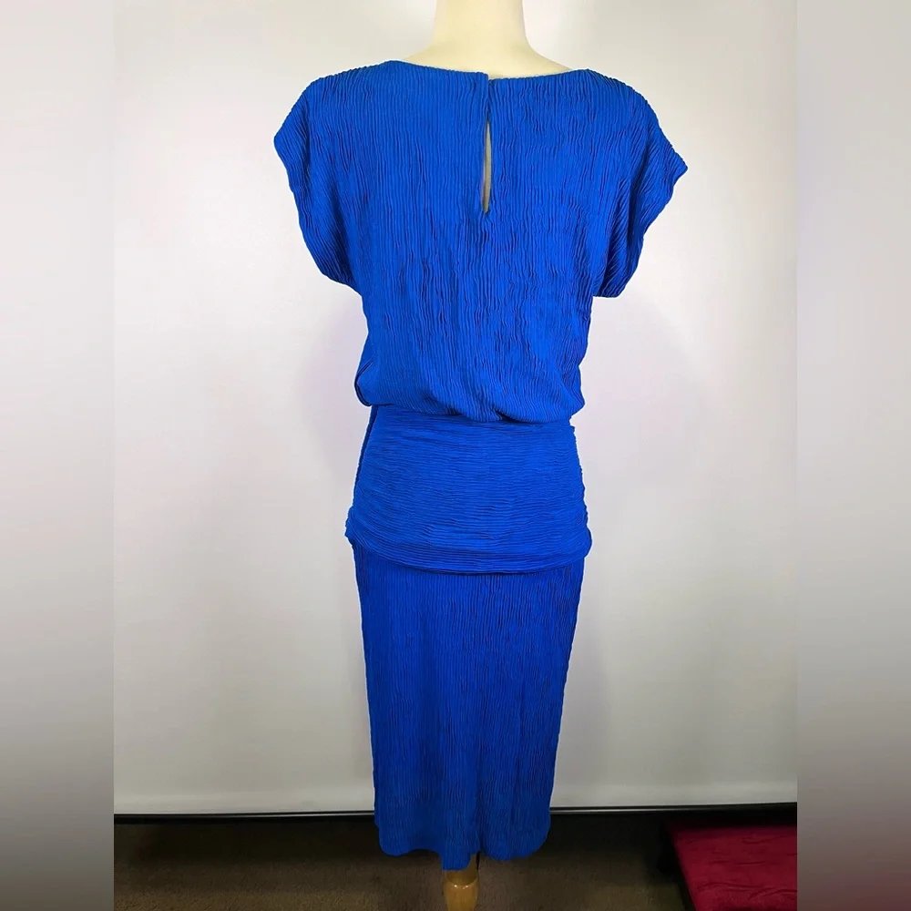 VTG 80s L.T.D. Roberta Blue Pleated Midi Drop Waist Dress Sz S/M Avant garde - Picture 6 of 10